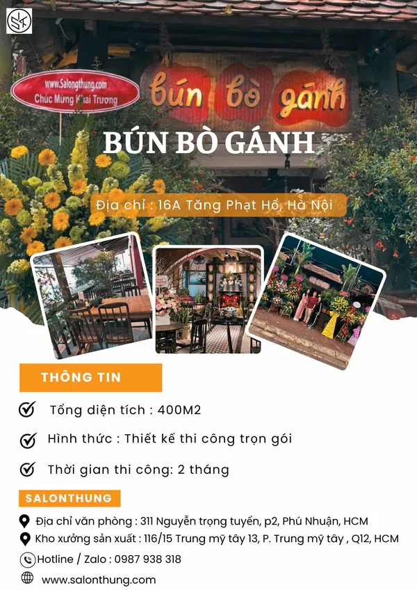 Thi công nội thất gỗ trọn gói Bún Bò Gánh 16A Tăng Bạt Hổ Hà Nội 400m2 - Salonthung